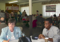 Kathy talking with supporters at the "Chili for Change" fundraiser