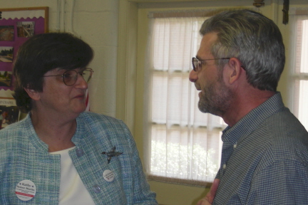 Kathy talking with supporter Tom Groff at the "Chili for Change" fundraiser