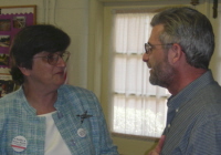 Kathy talking with supporter Tom Groff at the "Chili for Change" fundraiser